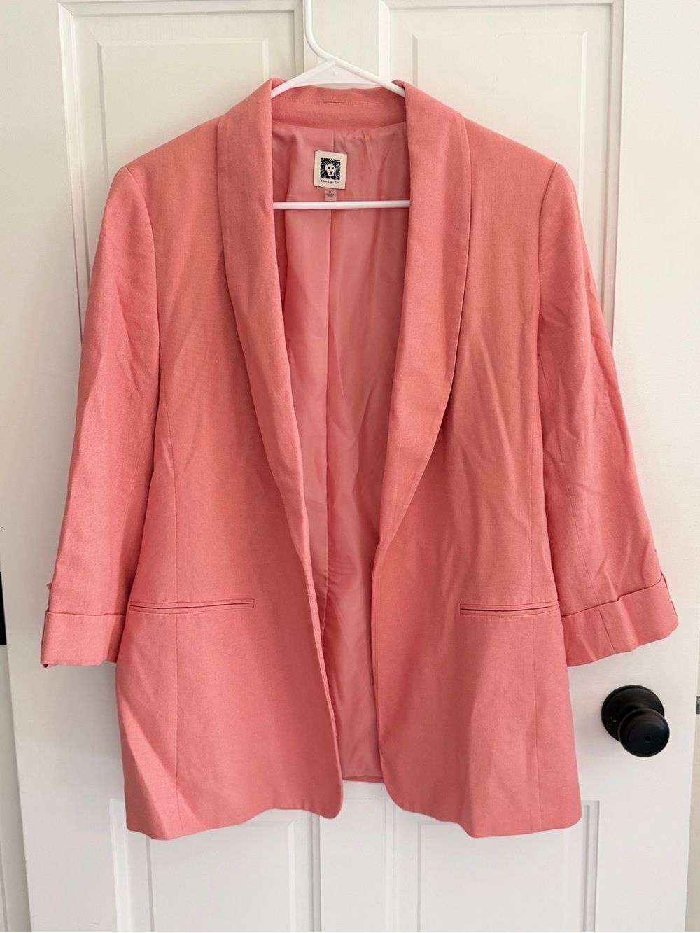 Anne Klein Pink Linen‎ Blend Open Front Blazer 3/4 Sleeve Medium